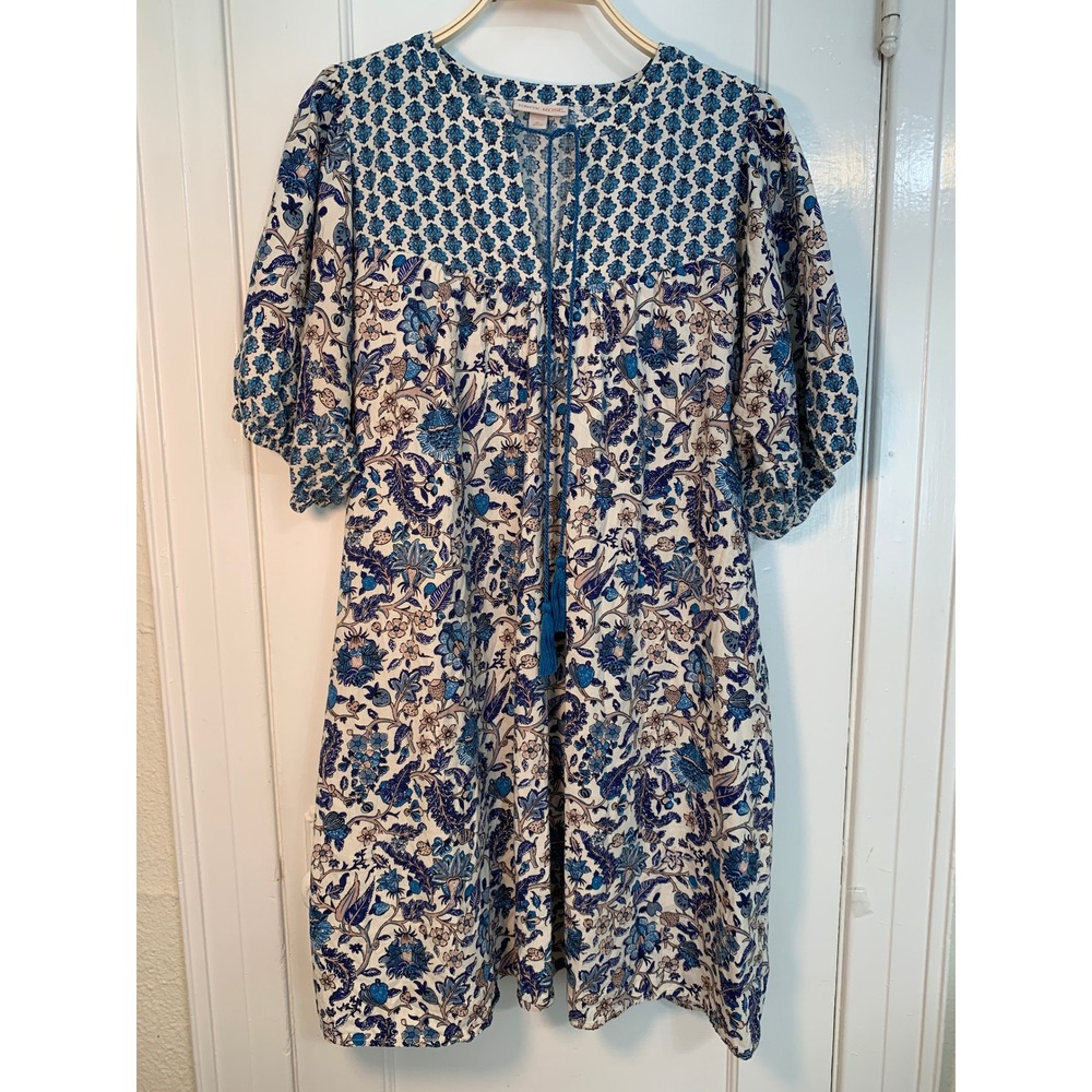 Knox Rose Dress Blue White Floral Paisley Boho Tassel Balloon Sleeve / Size XL